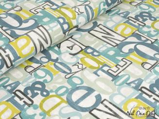 Baumwollstoff Buchstaben, grün/blau 