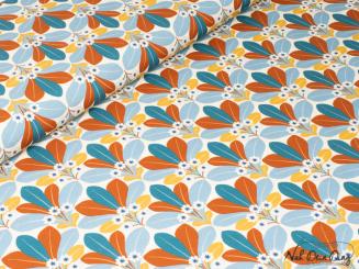 Baumwollstoff Blüten in rost/senf und blau 