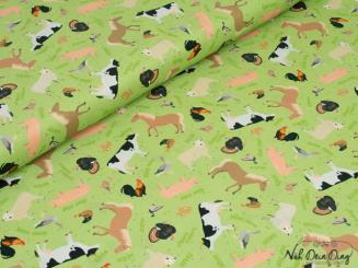 Baumwollstoff Bauernhoftiere, grün 
