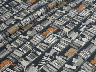 Baumwollstoff Bücher und Katzen 