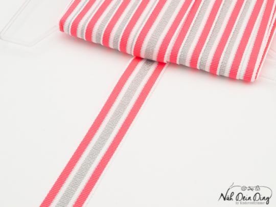 Ripsband, gestreift, neon pink/weiß/ silber 