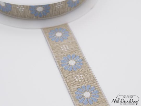 Webband dezente Blumen beige-blau 