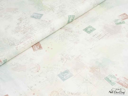 Baumwollstoff Weltkarte mit Briefmarken 