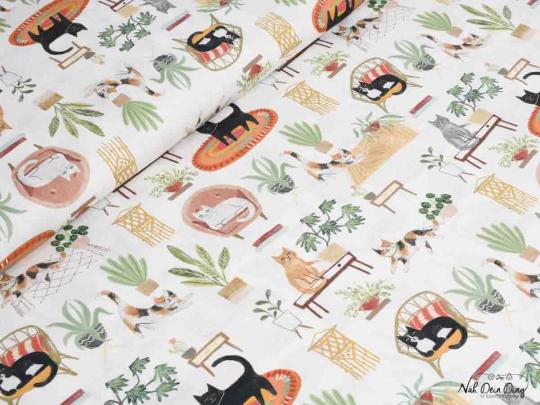 Baumwollstoff botanical cat 