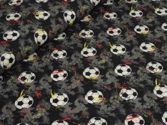 Baumwollstoff Fußball, grau/gelb/rot 